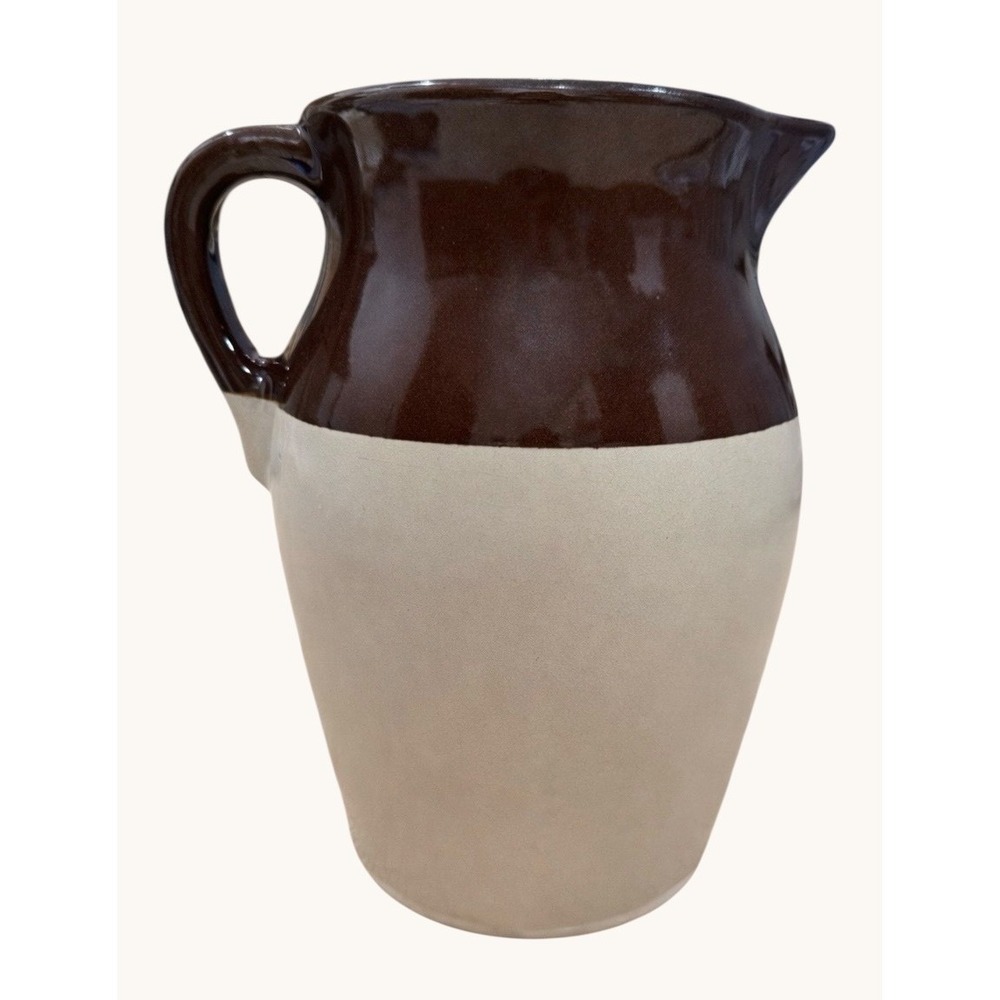 Vintage RRP Co Roseville Ohio Pottery Pitcher Brown Cream Stoneware 9" #121